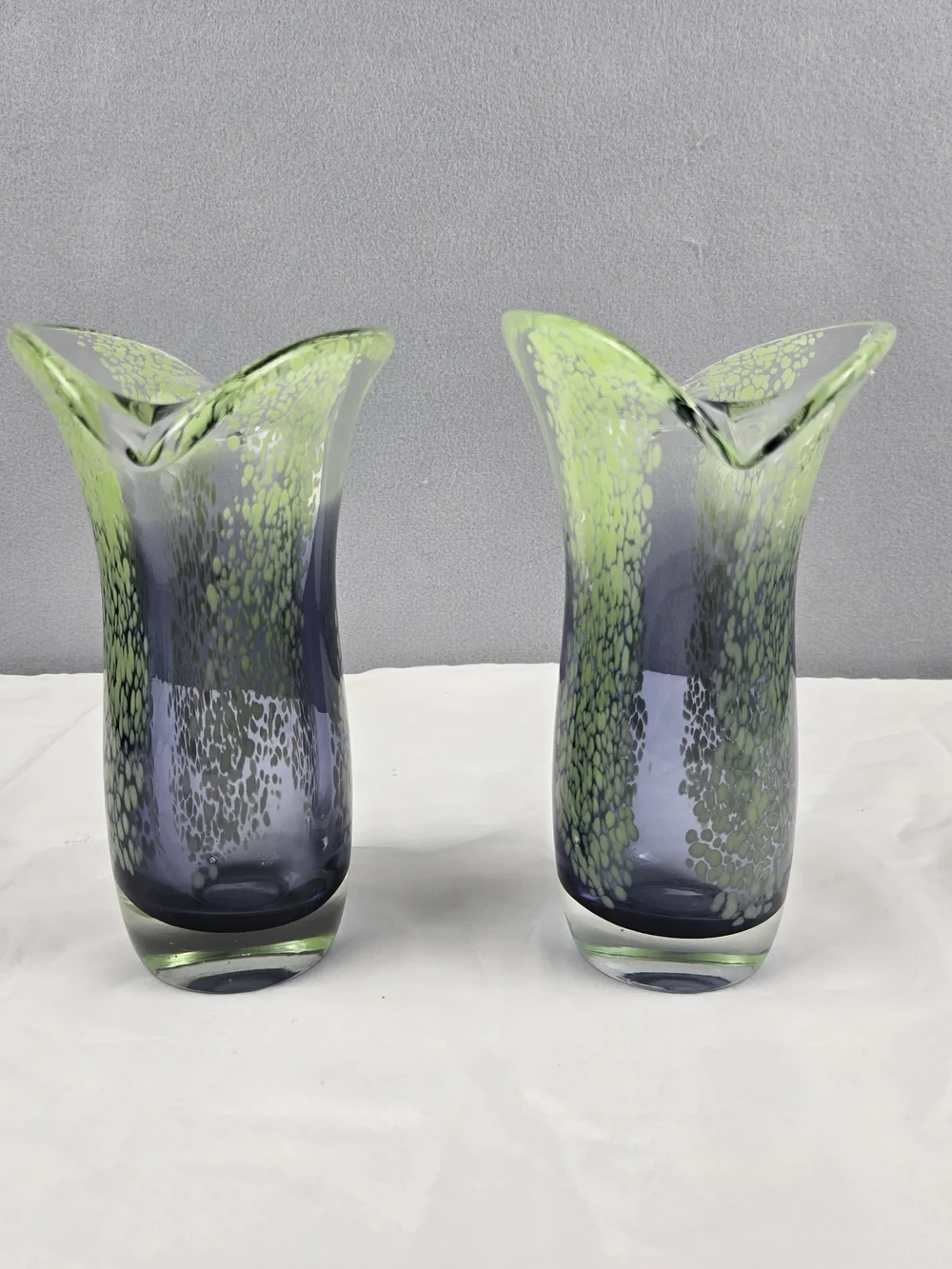 Vintage Teleflora Art Glass Vases Pair Chartreuse Green Purple Spatter
